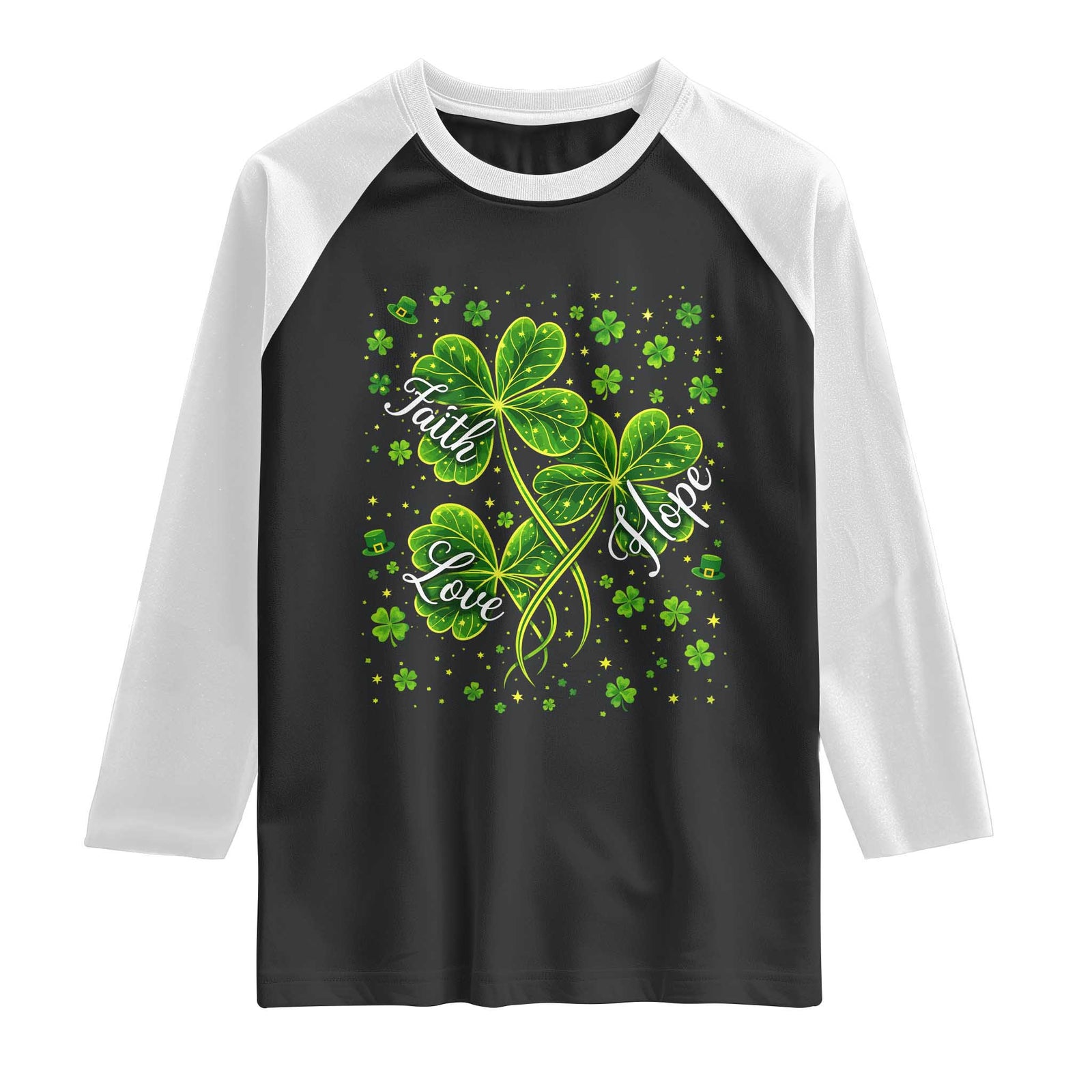 Four Leaf Clover Christian Raglan Shirt Irish Lucky Shamrock Faith Hope Love Religious TS10 Black White Print Your Wear