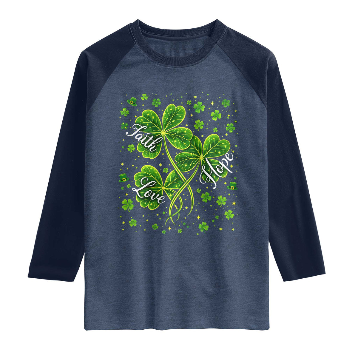 Four Leaf Clover Christian Raglan Shirt Irish Lucky Shamrock Faith Hope Love Religious TS10 Heather Denim Navy Print Your Wear