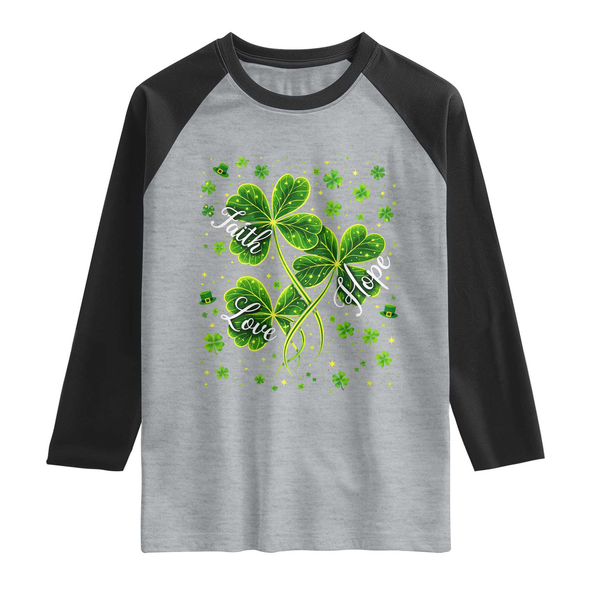 Four Leaf Clover Christian Raglan Shirt Irish Lucky Shamrock Faith Hope Love Religious TS10 Heather Gray Black Print Your Wear