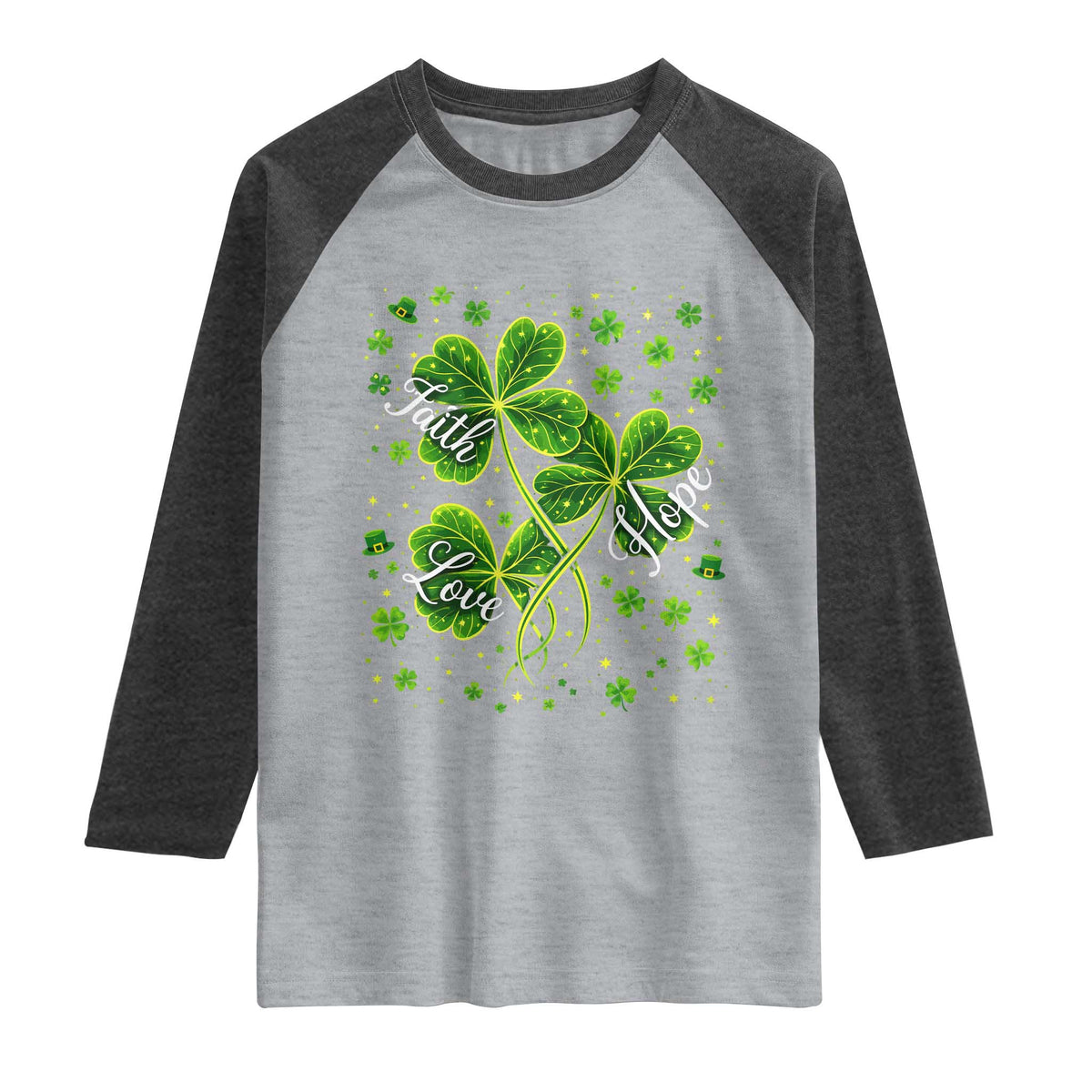 Four Leaf Clover Christian Raglan Shirt Irish Lucky Shamrock Faith Hope Love Religious TS10 Heather Gray Heather Charcoal Print Your Wear