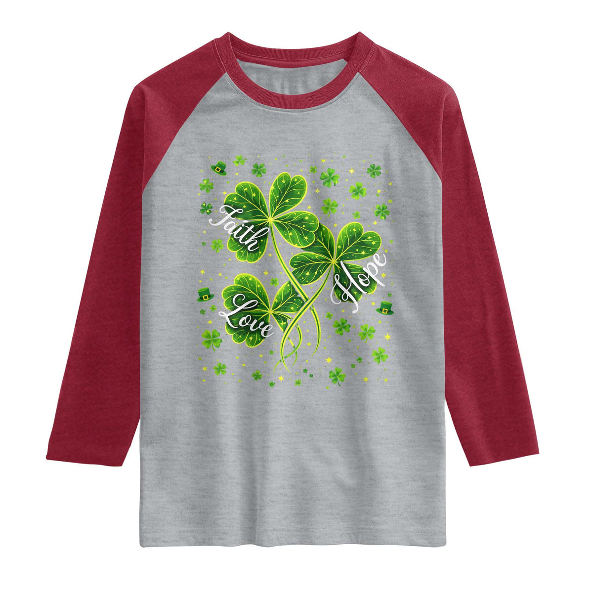Four Leaf Clover Christian Raglan Shirt Irish Lucky Shamrock Faith Hope Love Religious TS10 Heather Gray Heather Red Print Your Wear