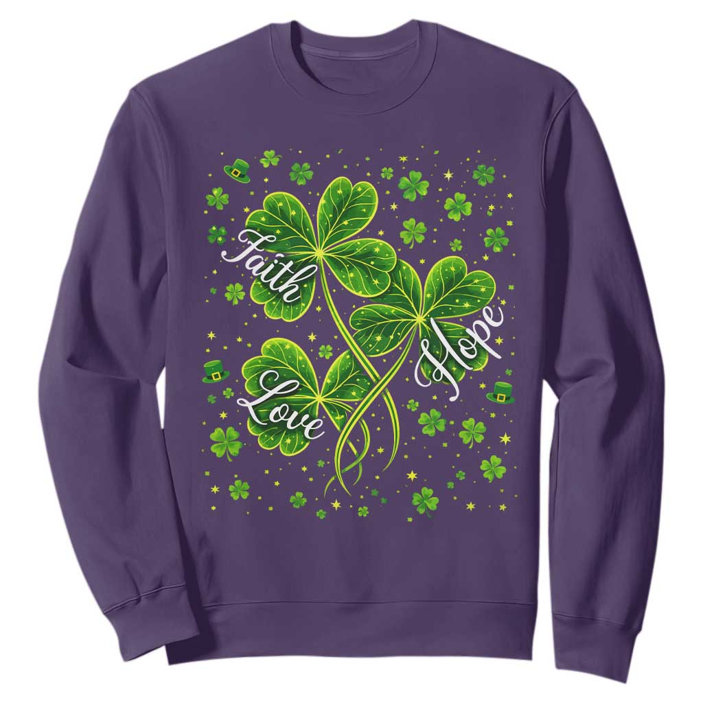 Four Leaf Clover Christian Sweatshirt Irish Lucky Shamrock Faith Hope Love Religious TS10 Purple Print Your Wear