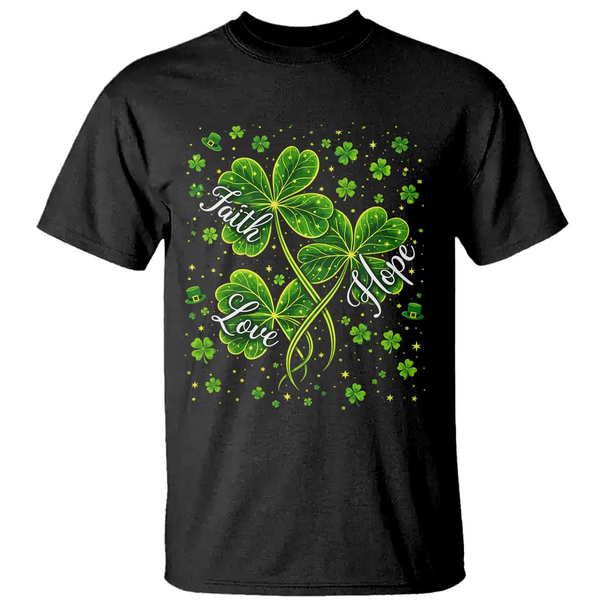 Four Leaf Clover Christian T Shirt Irish Lucky Shamrock Faith Hope Love Religious TS10 Black Print Your Wear