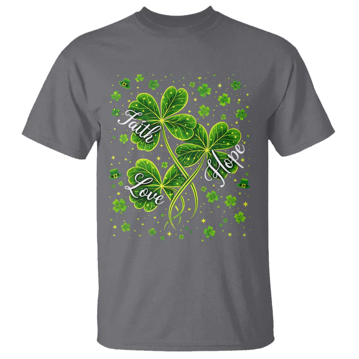 Four Leaf Clover Christian T Shirt Irish Lucky Shamrock Faith Hope Love Religious TS10 Charcoal Print Your Wear
