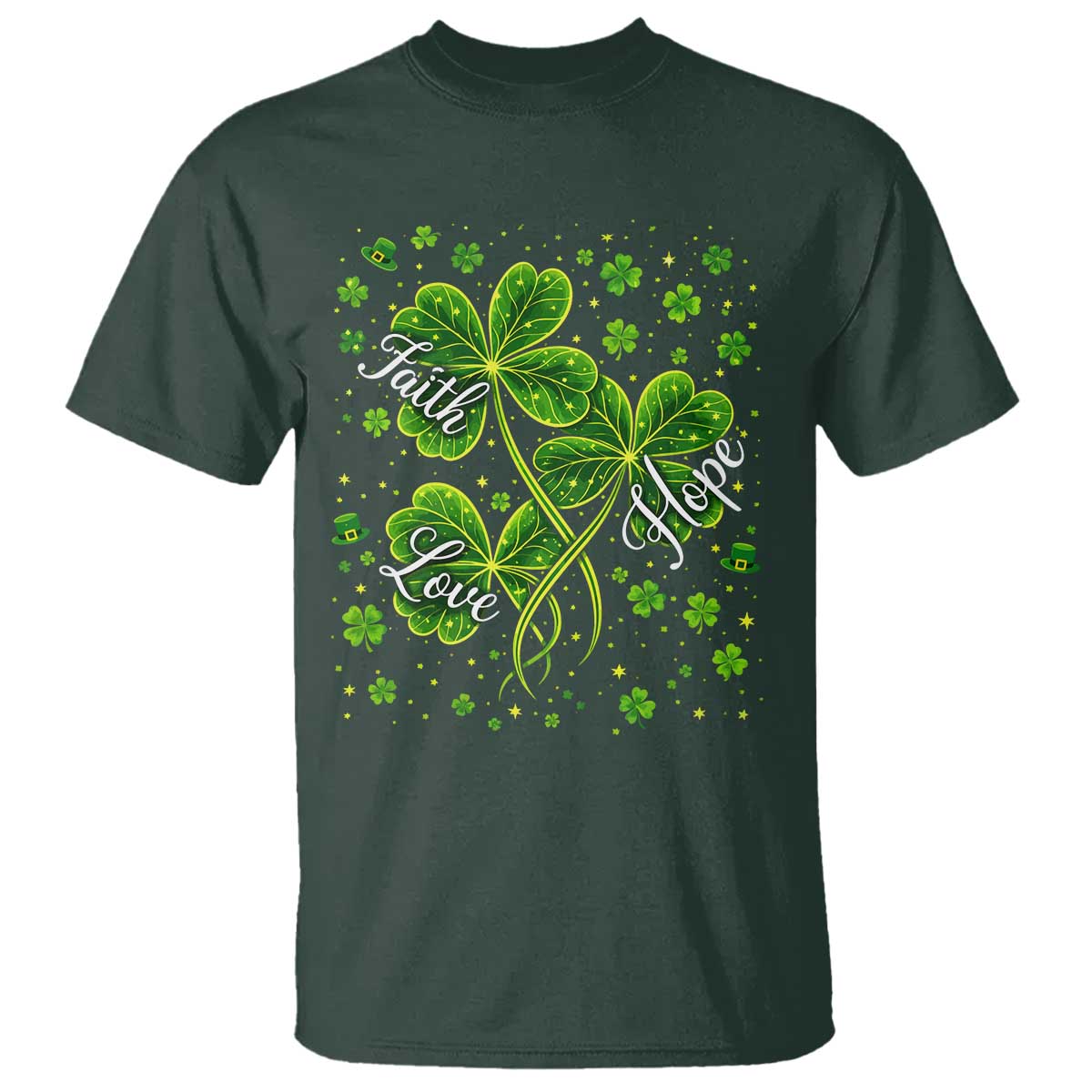 Four Leaf Clover Christian T Shirt Irish Lucky Shamrock Faith Hope Love Religious TS10 Dark Forest Green Print Your Wear