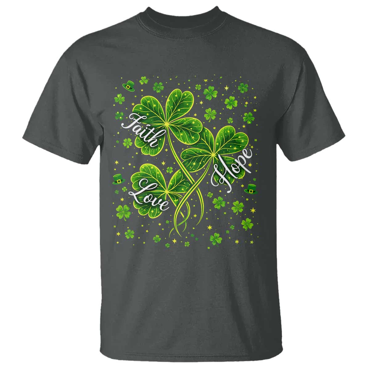 Four Leaf Clover Christian T Shirt Irish Lucky Shamrock Faith Hope Love Religious TS10 Dark Heather Print Your Wear