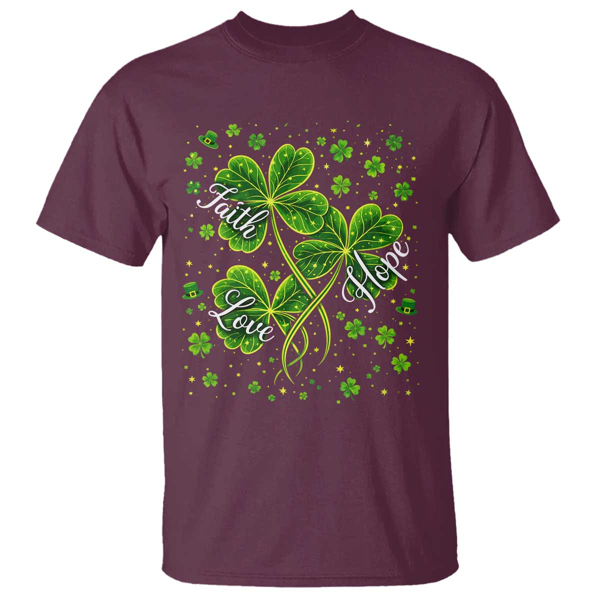 Four Leaf Clover Christian T Shirt Irish Lucky Shamrock Faith Hope Love Religious TS10 Maroon Print Your Wear