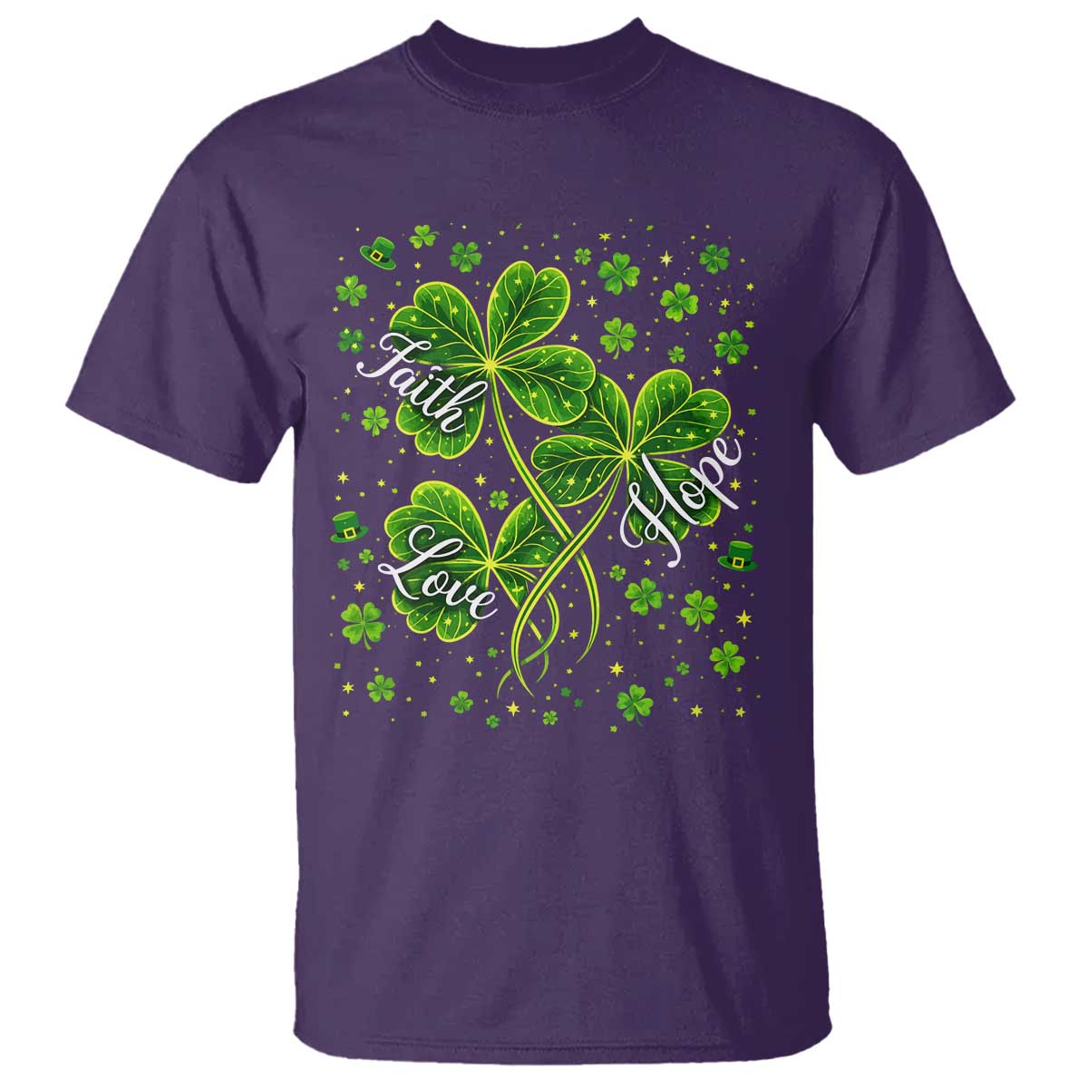 Four Leaf Clover Christian T Shirt Irish Lucky Shamrock Faith Hope Love Religious TS10 Purple Print Your Wear