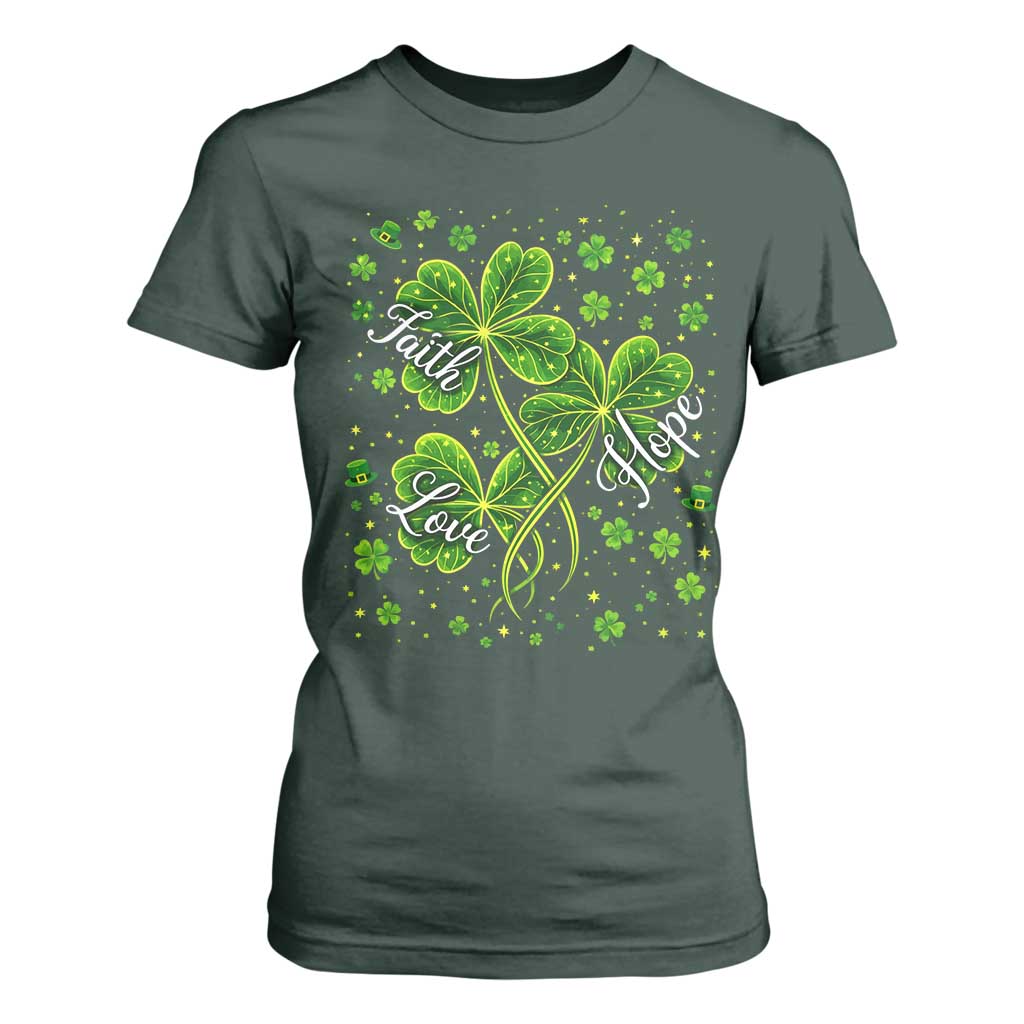 Four Leaf Clover Christian T Shirt For Women Irish Lucky Shamrock Faith Hope Love Religious TS10 Dark Forest Green Print Your Wear