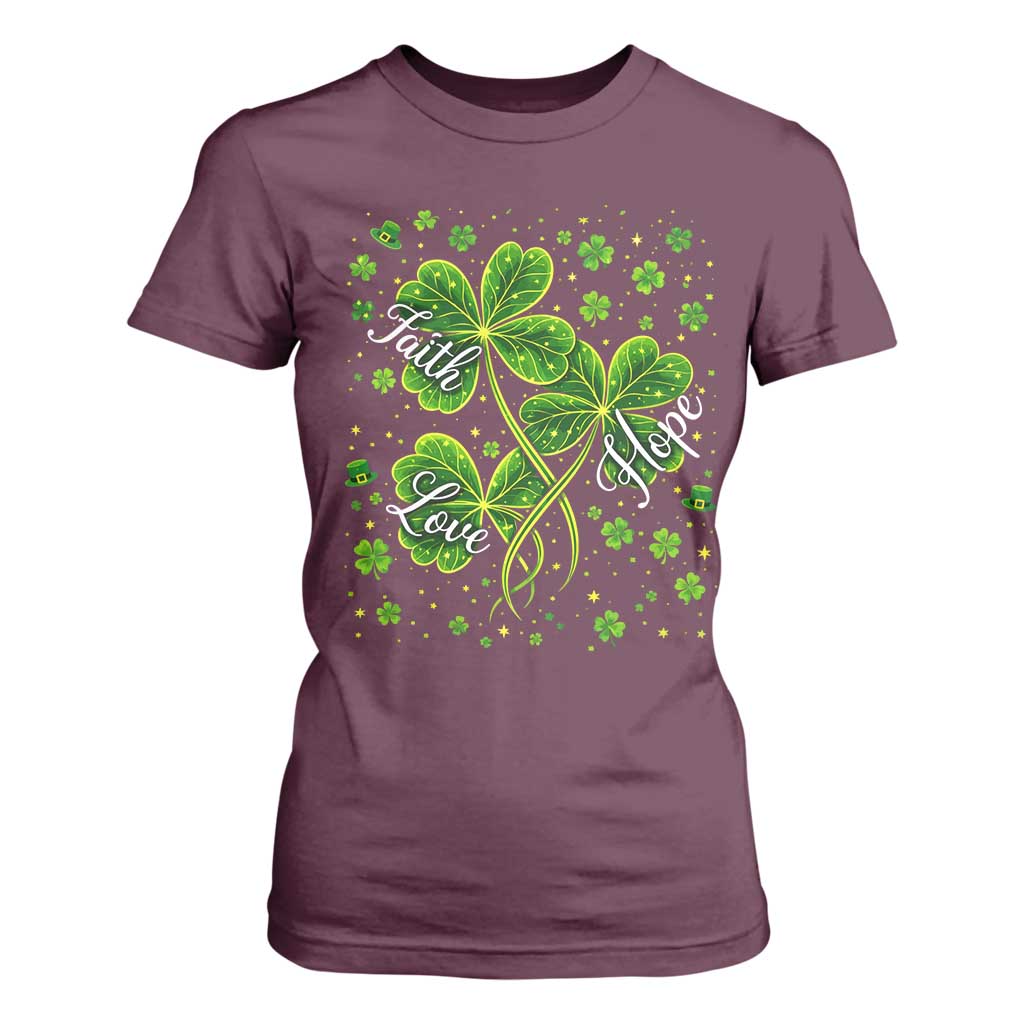 Four Leaf Clover Christian T Shirt For Women Irish Lucky Shamrock Faith Hope Love Religious TS10 Maroon Print Your Wear