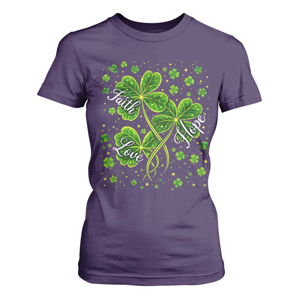 Four Leaf Clover Christian T Shirt For Women Irish Lucky Shamrock Faith Hope Love Religious TS10 Purple Print Your Wear