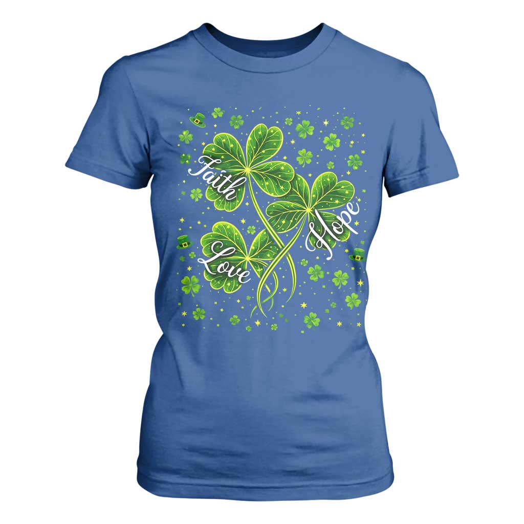 Four Leaf Clover Christian T Shirt For Women Irish Lucky Shamrock Faith Hope Love Religious TS10 Royal Blue Print Your Wear