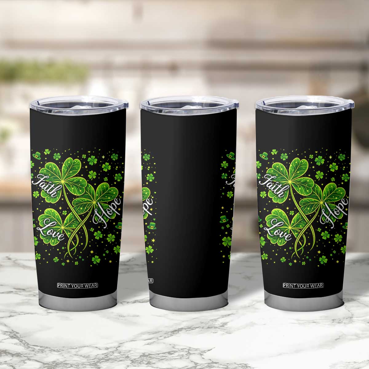 Four Leaf Clover Christian Tumbler Cup Irish Lucky Shamrock Faith Hope Love Religious TS10 Print Your Wear