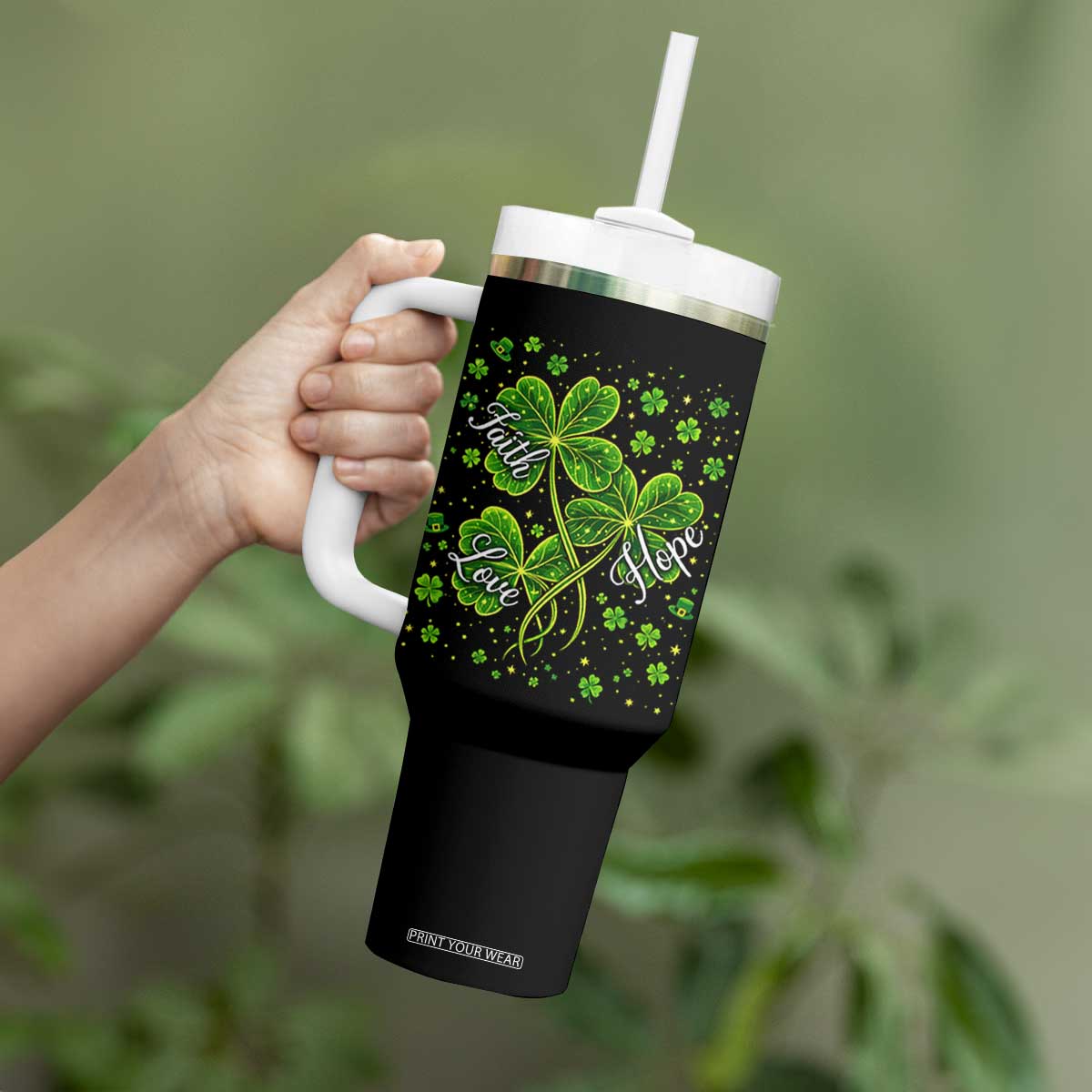 Four Leaf Clover Christian Tumbler With Handle Irish Lucky Shamrock Faith Hope Love Religious TS10 Print Your Wear