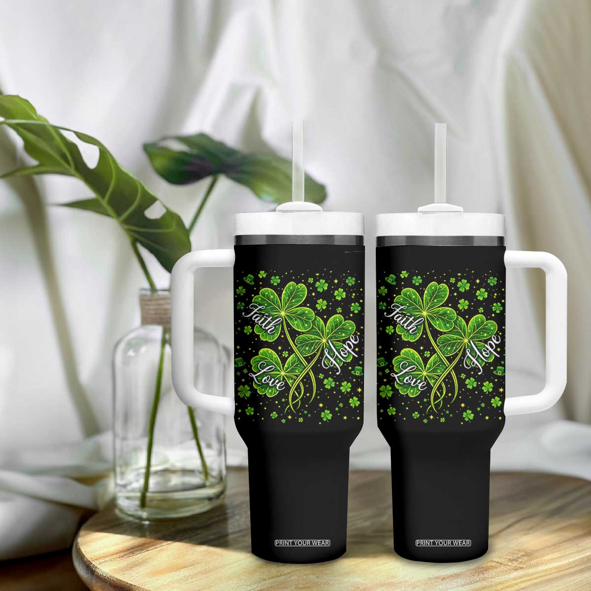 Four Leaf Clover Christian Tumbler With Handle Irish Lucky Shamrock Faith Hope Love Religious TS10 Print Your Wear