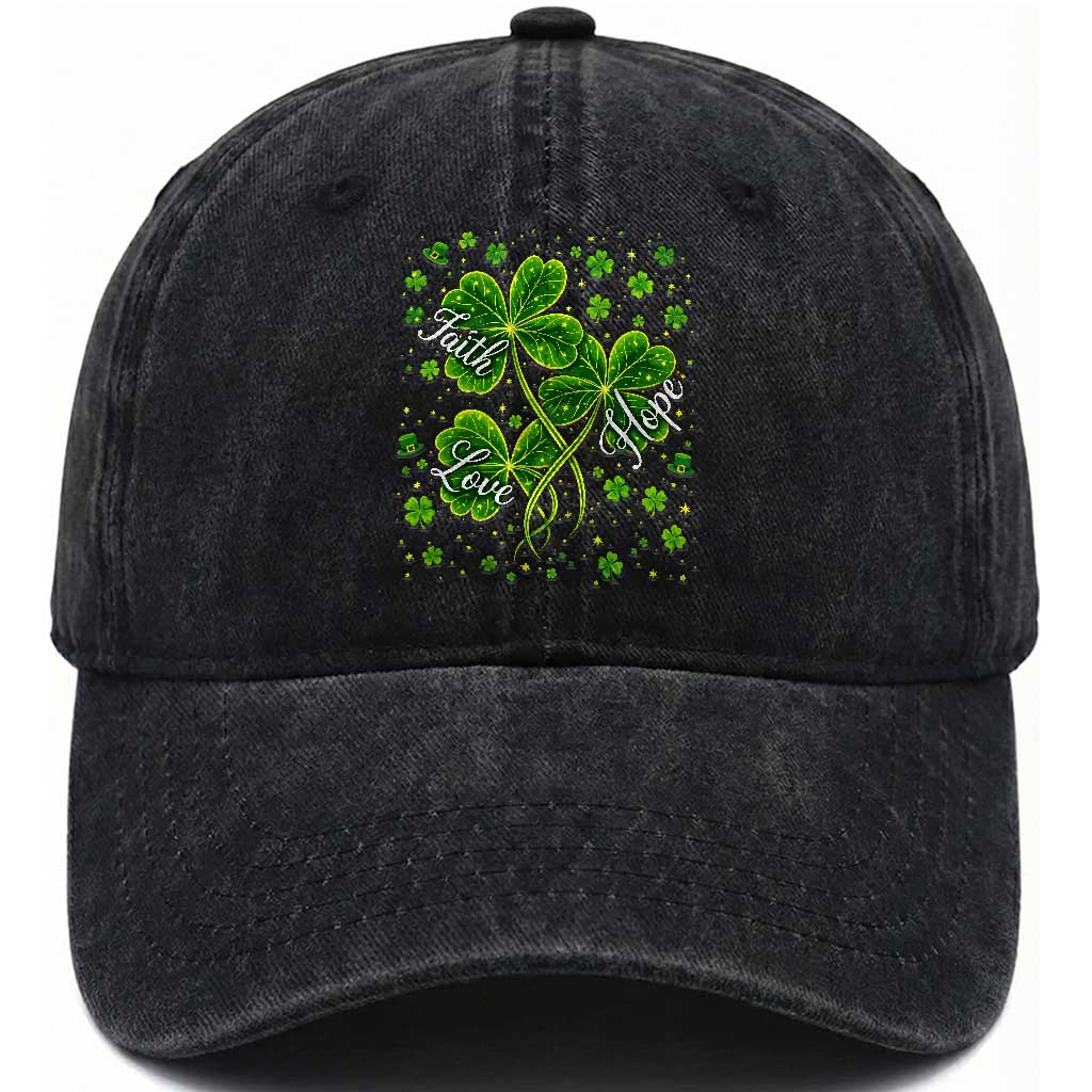 Four Leaf Clover Christian Washed Cotton Baseball Cap Irish Lucky Shamrock Faith Hope Love Religious TS10 Print Your Wear