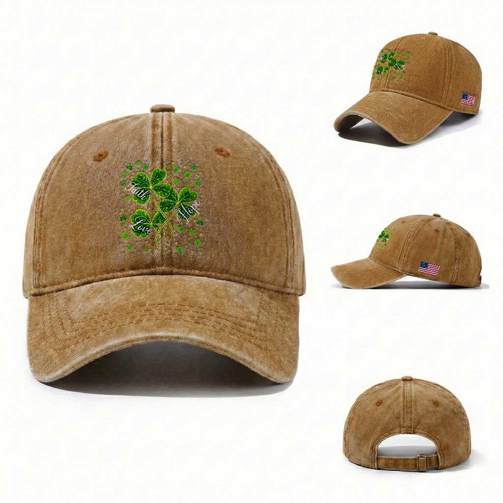 Four Leaf Clover Christian Washed Cotton Baseball Cap Irish Lucky Shamrock Faith Hope Love Religious TS10 Washed Cap Universal Fit Yellow Ochre Print Your Wear