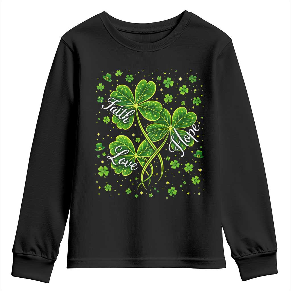 Four Leaf Clover Christian Youth Sweatshirt Irish Lucky Shamrock Faith Hope Love Religious TS10 Black Print Your Wear