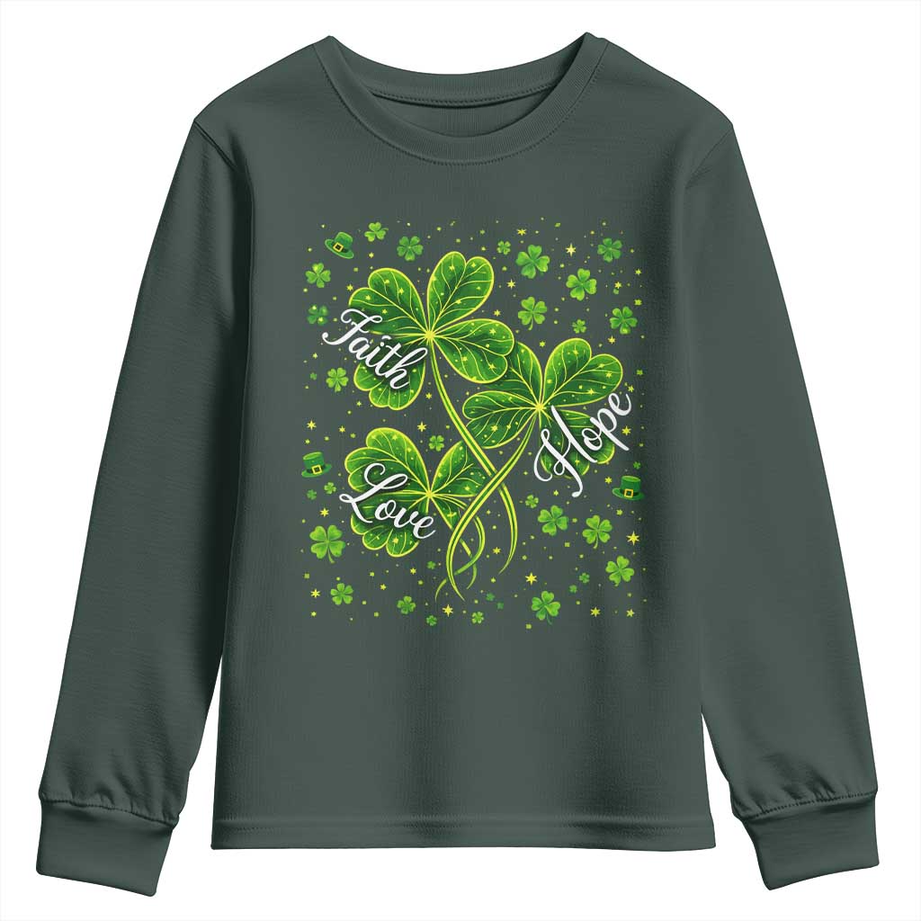 Four Leaf Clover Christian Youth Sweatshirt Irish Lucky Shamrock Faith Hope Love Religious TS10 Dark Forest Green Print Your Wear