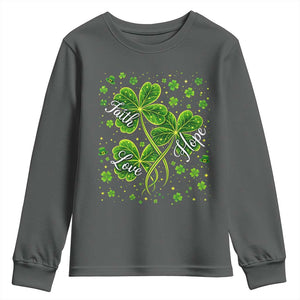 Four Leaf Clover Christian Youth Sweatshirt Irish Lucky Shamrock Faith Hope Love Religious TS10 Dark Heather Print Your Wear