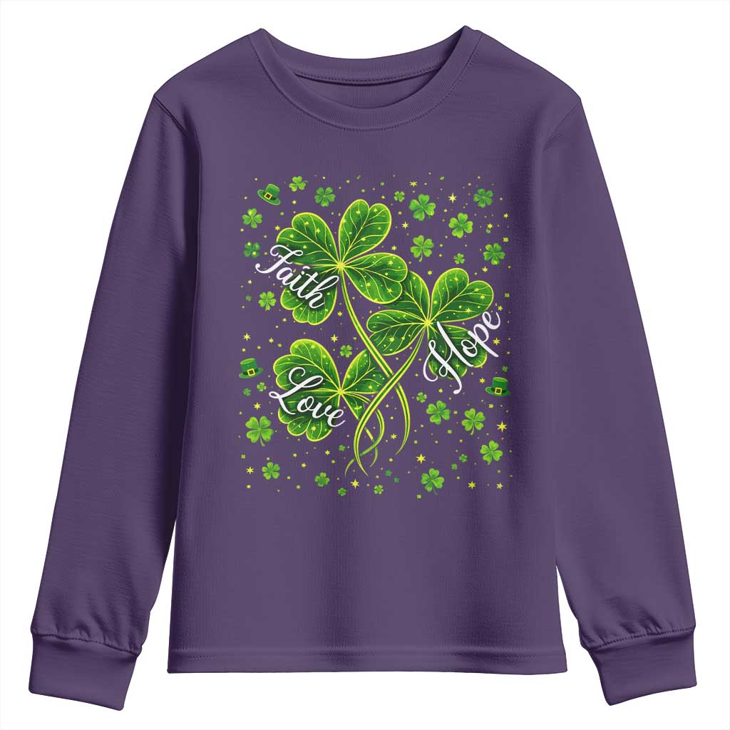 Four Leaf Clover Christian Youth Sweatshirt Irish Lucky Shamrock Faith Hope Love Religious TS10 Purple Print Your Wear