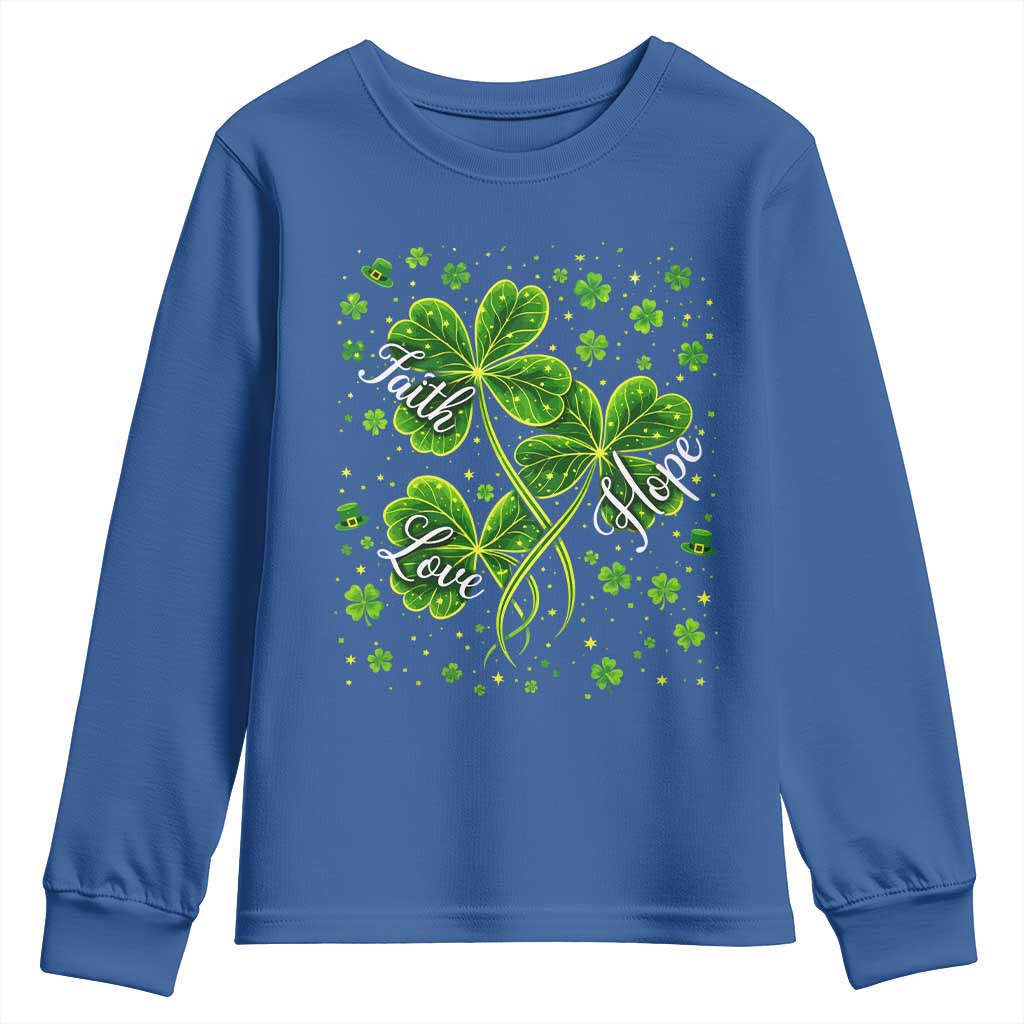 Four Leaf Clover Christian Youth Sweatshirt Irish Lucky Shamrock Faith Hope Love Religious TS10 Royal Blue Print Your Wear
