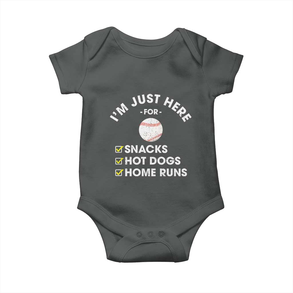 Funny Baseball Food Fans Baby Onesie Im Just Here for The Snacks Hot Dog TS10 Dark Heather Print Your Wear