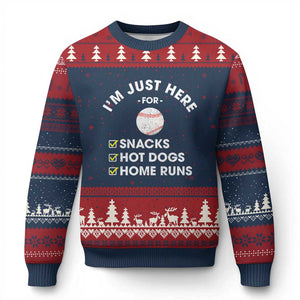 Funny Baseball Food Fans Ugly Christmas Sweater Im Just Here for The Snacks Hot Dog TS10 Navy Red Print Your Wear