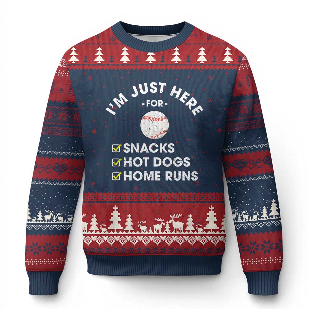 Funny Baseball Food Fans Ugly Christmas Sweater Im Just Here for The Snacks Hot Dog TS10 Navy Red Print Your Wear