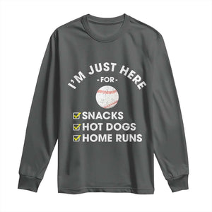 Funny Baseball Food Fans Long Sleeve Shirt Im Just Here for The Snacks Hot Dog TS10 Dark Heather Print Your Wear