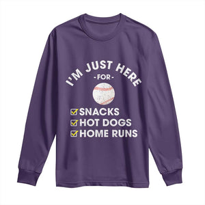 Funny Baseball Food Fans Long Sleeve Shirt Im Just Here for The Snacks Hot Dog TS10 Purple Print Your Wear