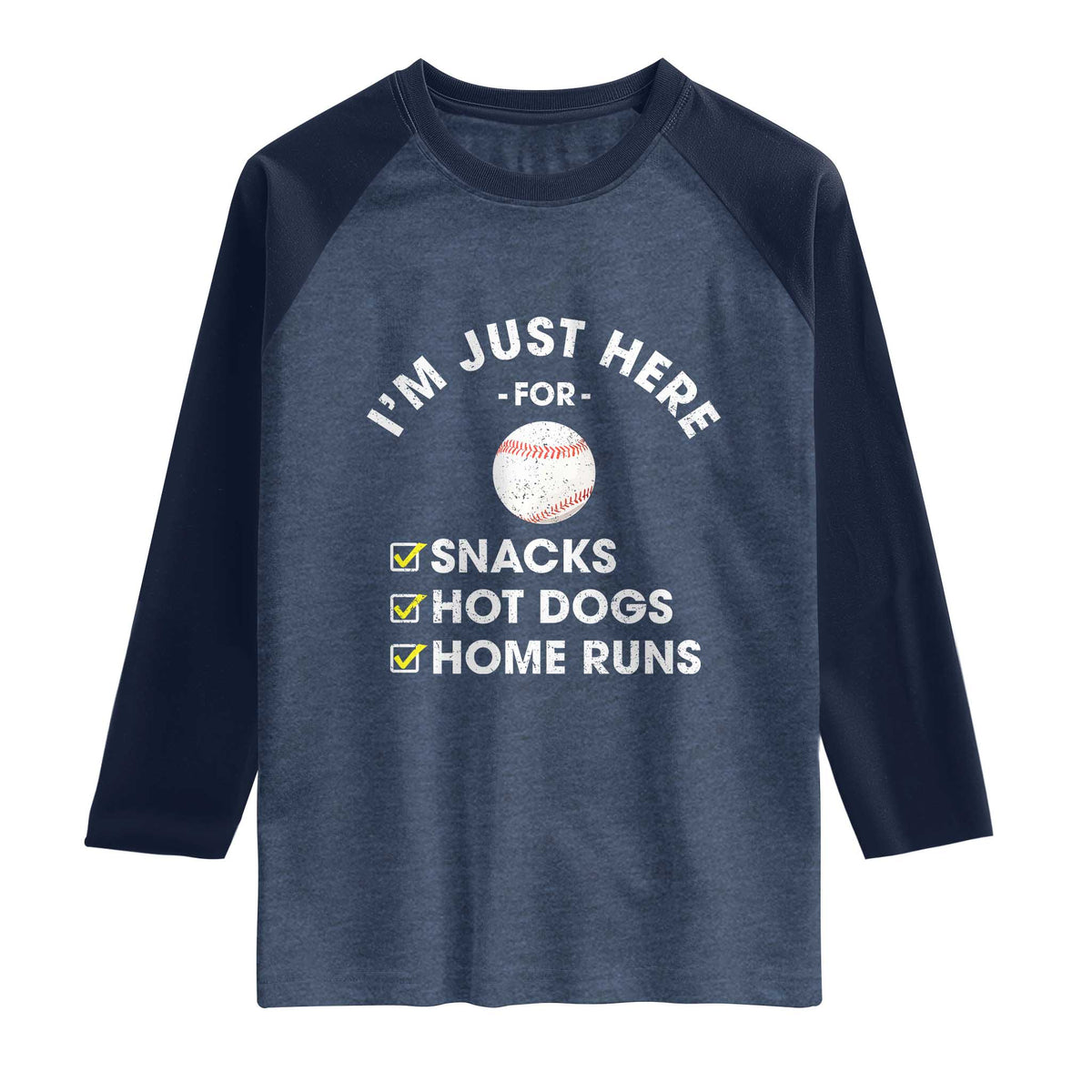 Funny Baseball Food Fans Raglan Shirt Im Just Here for The Snacks Hot Dog TS10 Heather Denim Navy Print Your Wear