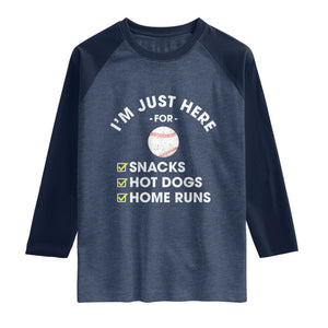 Funny Baseball Food Fans Raglan Shirt Im Just Here for The Snacks Hot Dog TS10 Heather Denim Navy Print Your Wear