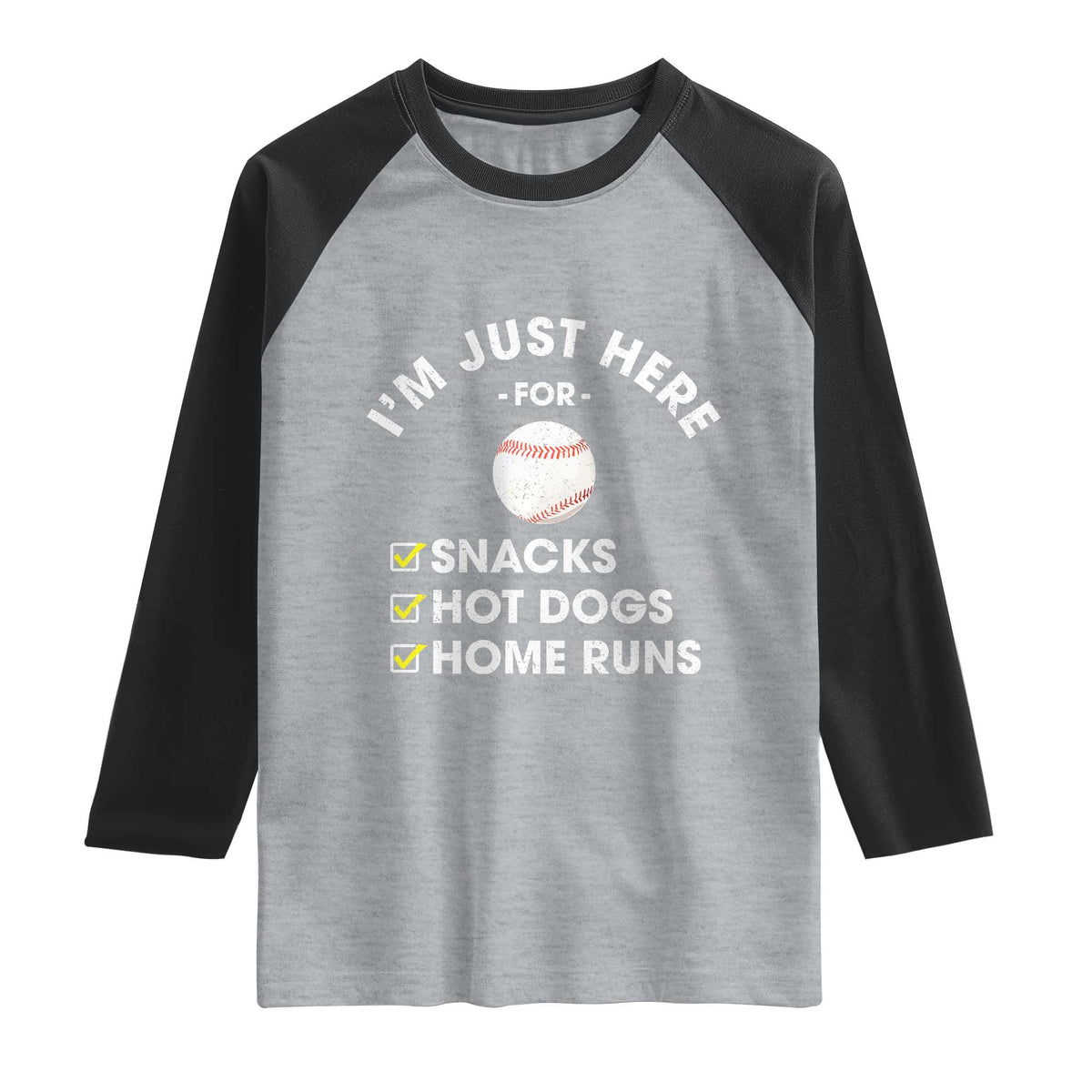 Funny Baseball Food Fans Raglan Shirt Im Just Here for The Snacks Hot Dog TS10 Heather Gray Black Print Your Wear