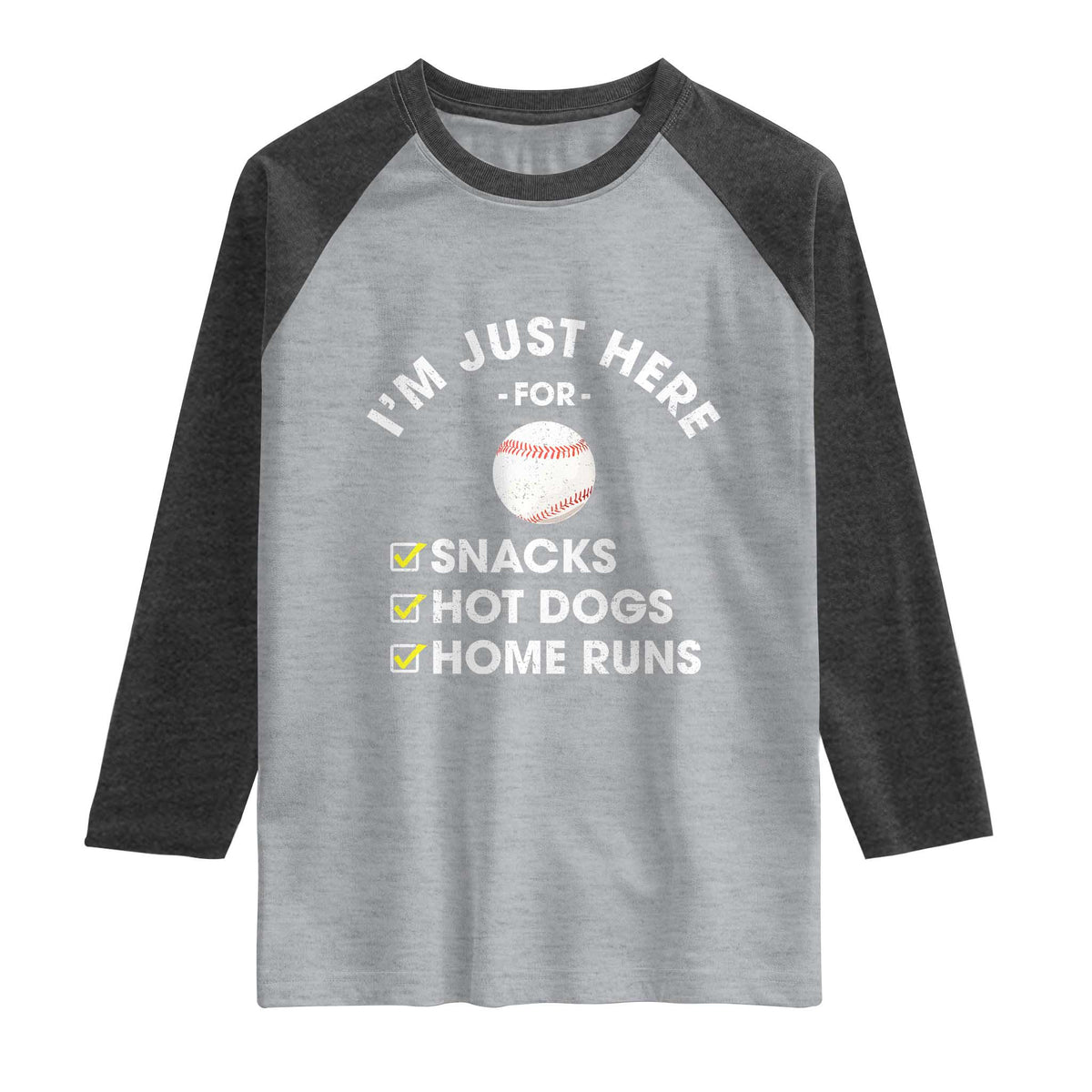 Funny Baseball Food Fans Raglan Shirt Im Just Here for The Snacks Hot Dog TS10 Heather Gray Heather Charcoal Print Your Wear