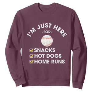 Funny Baseball Food Fans Sweatshirt Im Just Here for The Snacks Hot Dog TS10 Maroon Print Your Wear
