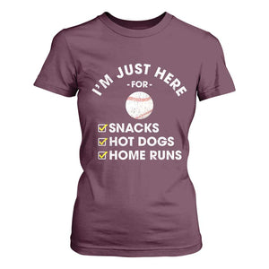 Funny Baseball Food Fans T Shirt For Women Im Just Here for The Snacks Hot Dog TS10 Maroon Print Your Wear