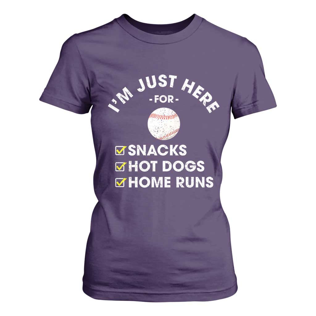 Funny Baseball Food Fans T Shirt For Women Im Just Here for The Snacks Hot Dog TS10 Purple Print Your Wear