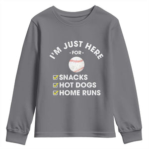 Funny Baseball Food Fans Youth Sweatshirt Im Just Here for The Snacks Hot Dog TS10 Charcoal Print Your Wear