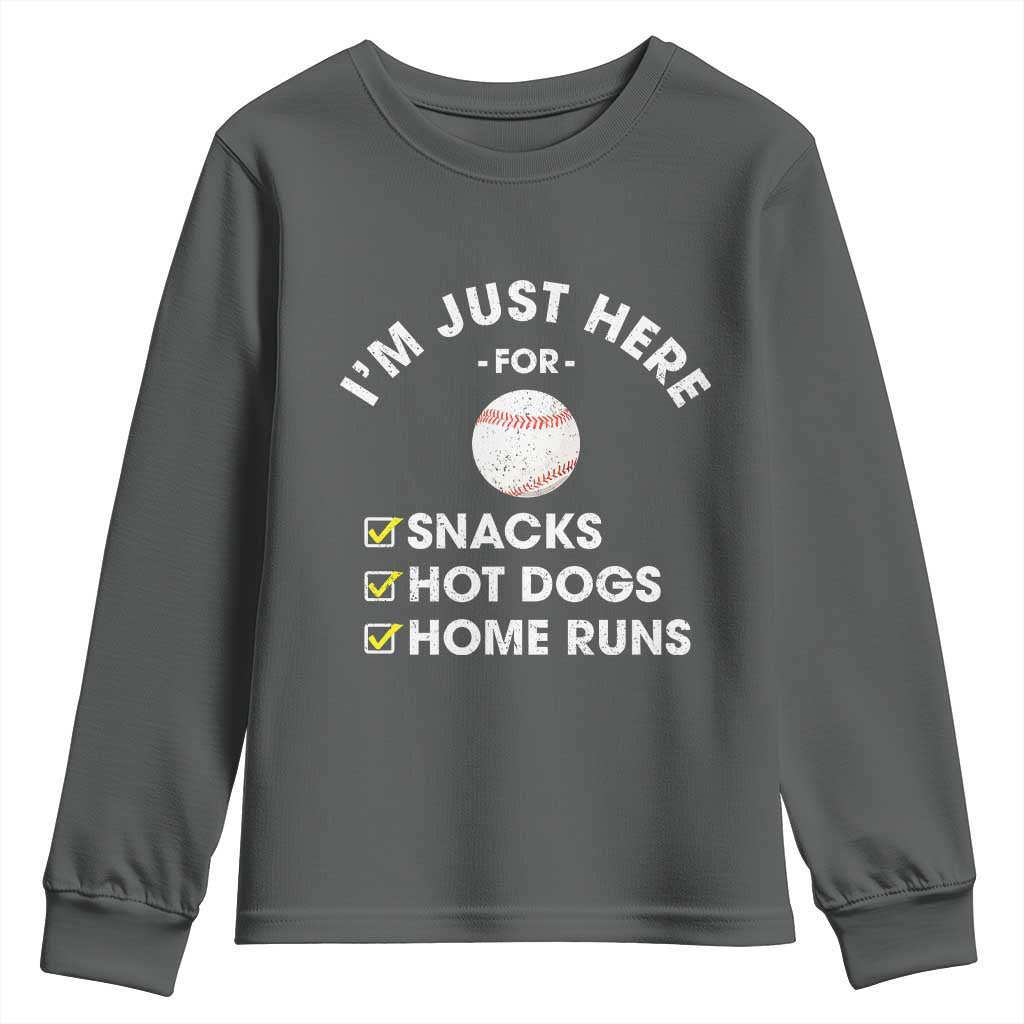 Funny Baseball Food Fans Youth Sweatshirt Im Just Here for The Snacks Hot Dog TS10 Dark Heather Print Your Wear
