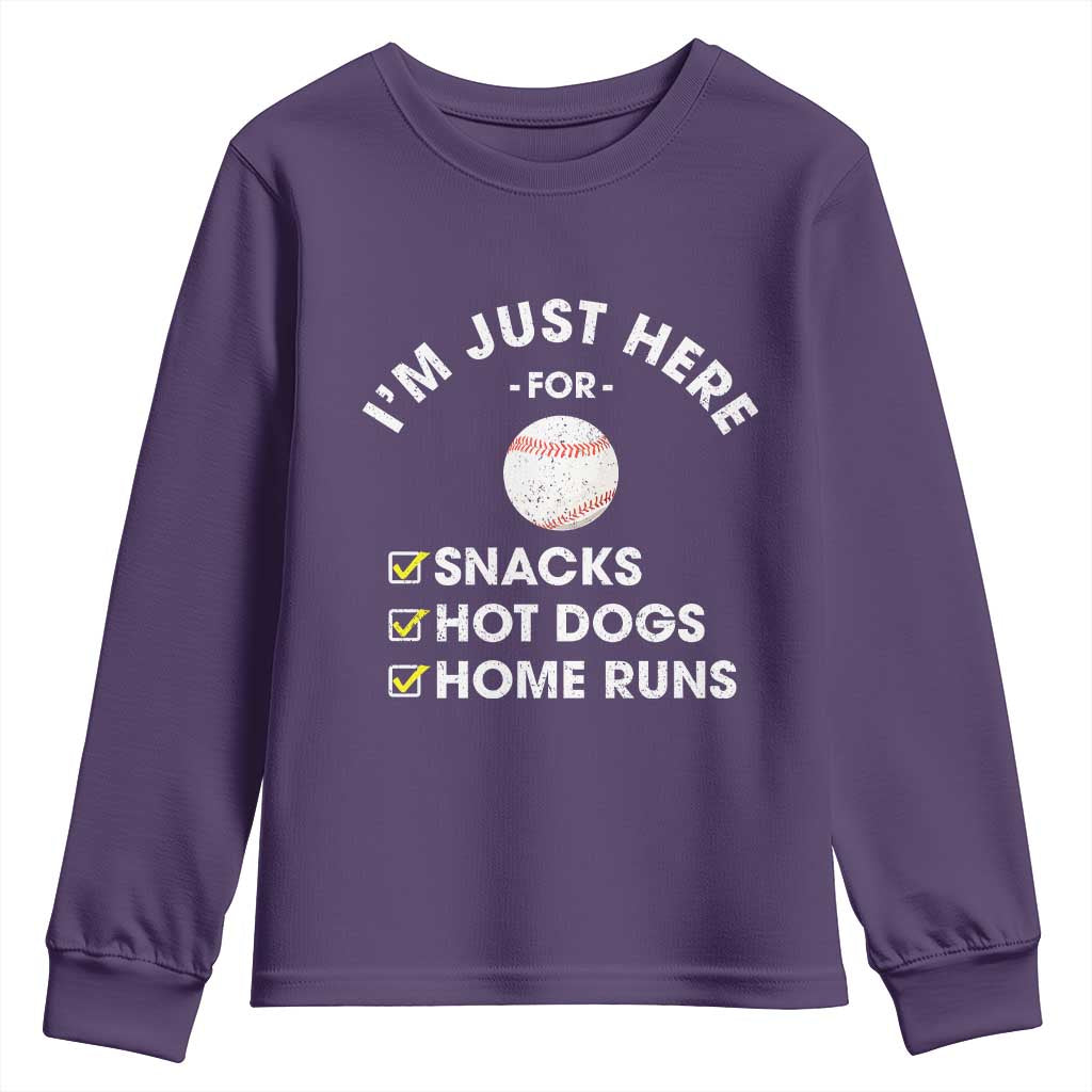 Funny Baseball Food Fans Youth Sweatshirt Im Just Here for The Snacks Hot Dog TS10 Purple Print Your Wear