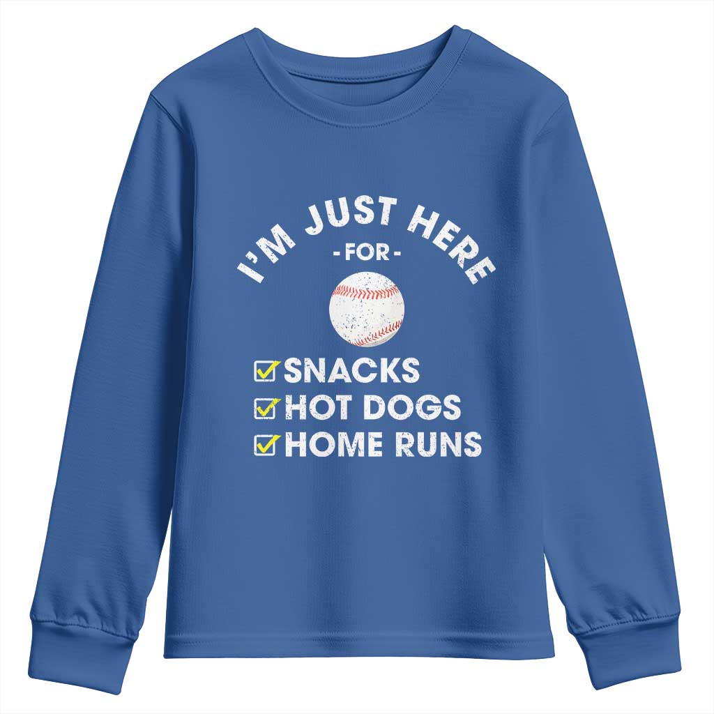 Funny Baseball Food Fans Youth Sweatshirt Im Just Here for The Snacks Hot Dog TS10 Royal Blue Print Your Wear