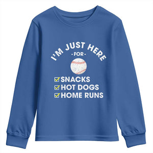 Funny Baseball Food Fans Youth Sweatshirt Im Just Here for The Snacks Hot Dog TS10 Royal Blue Print Your Wear
