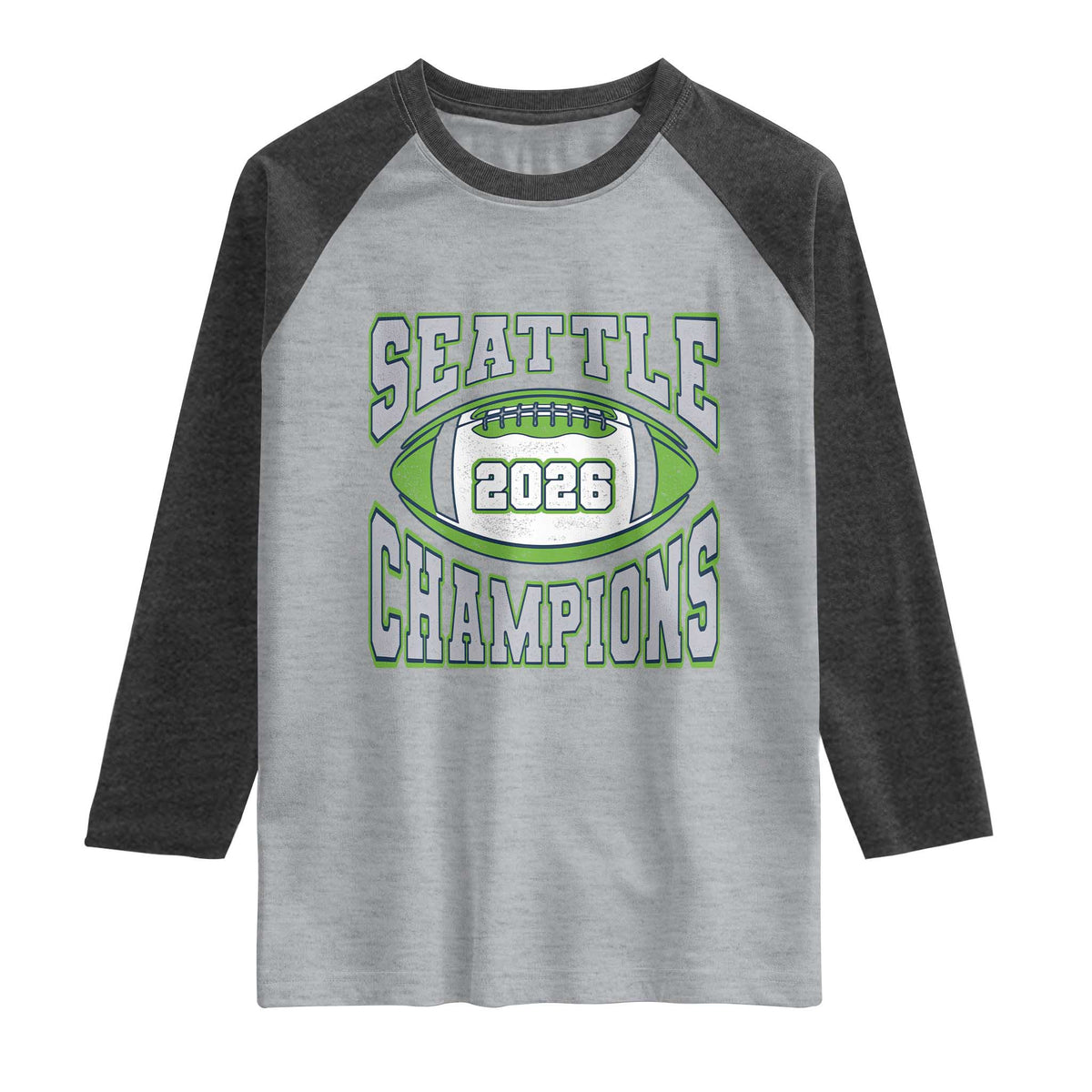 2026 Champion Seattle Raglan Shirt Football Lovers TS10 Heather Gray Heather Charcoal Print Your Wear