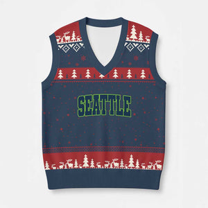 Vintage Seattle V-Neck Knit Sweater Vest Classic Print Retro Varsity TS10 Navy Red Print Your Wear