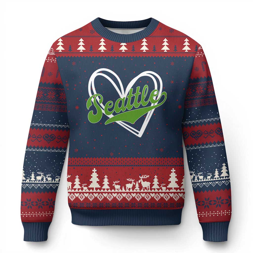 Vintage Seattle Ugly Christmas Sweater Classic Print Retro Varsity Love Heart Graphic TS10 Navy Red Print Your Wear