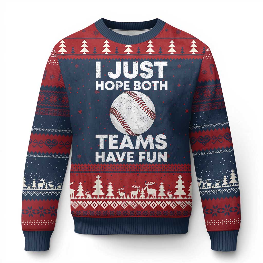 Funny Baseball Ugly Christmas Sweater I Just Hope Both Teams Have Fun TS10 Navy Red Print Your Wear