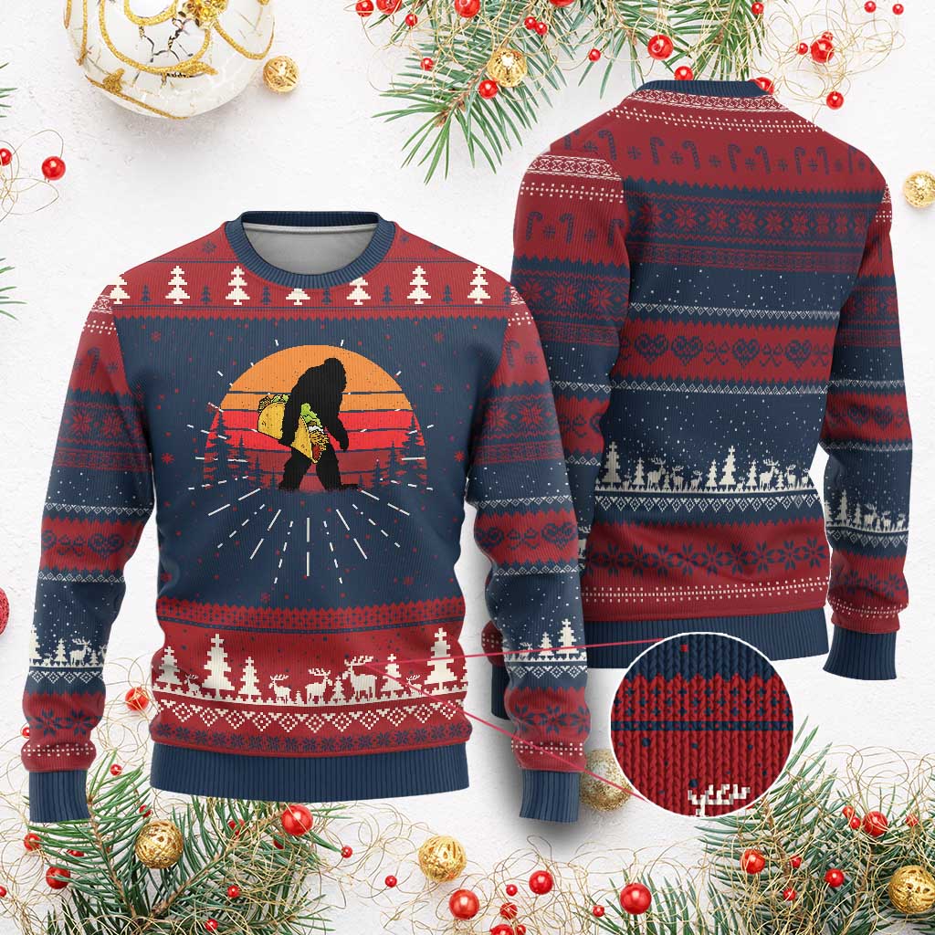 Retro Bigfoot Taco Knit Sweatshirt Funny Cinco de Mayo Sasquatch Lovers - Print Your Wear