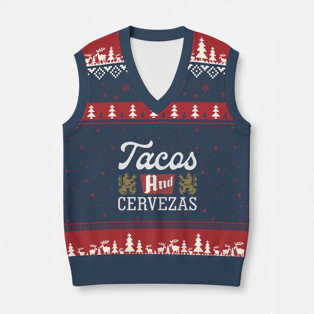 Tacos And Cervezas V-Neck Knit Sweater Vest Mexican Food Beer Humor TS10 Navy Red Print Your Wear