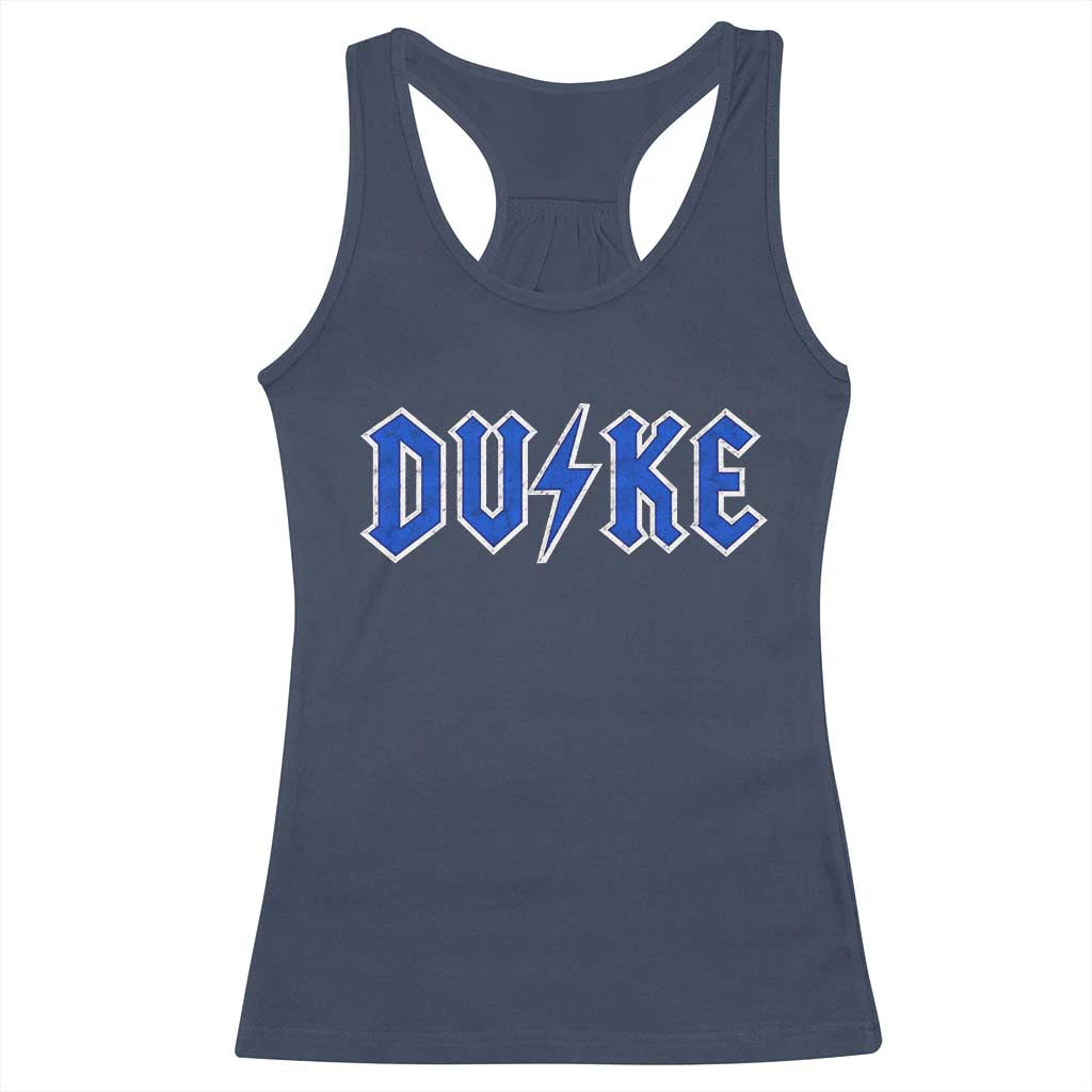 Vintage Duke Last Name Sports Style Racerback Tank Top Vintage Lightning Bold Gothic Font Graphic Basketball Fans TS10 Navy Print Your Wear